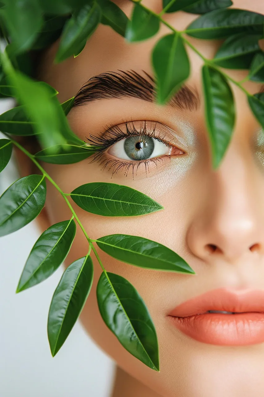 Visage d'une femme cachée derrière des branches
